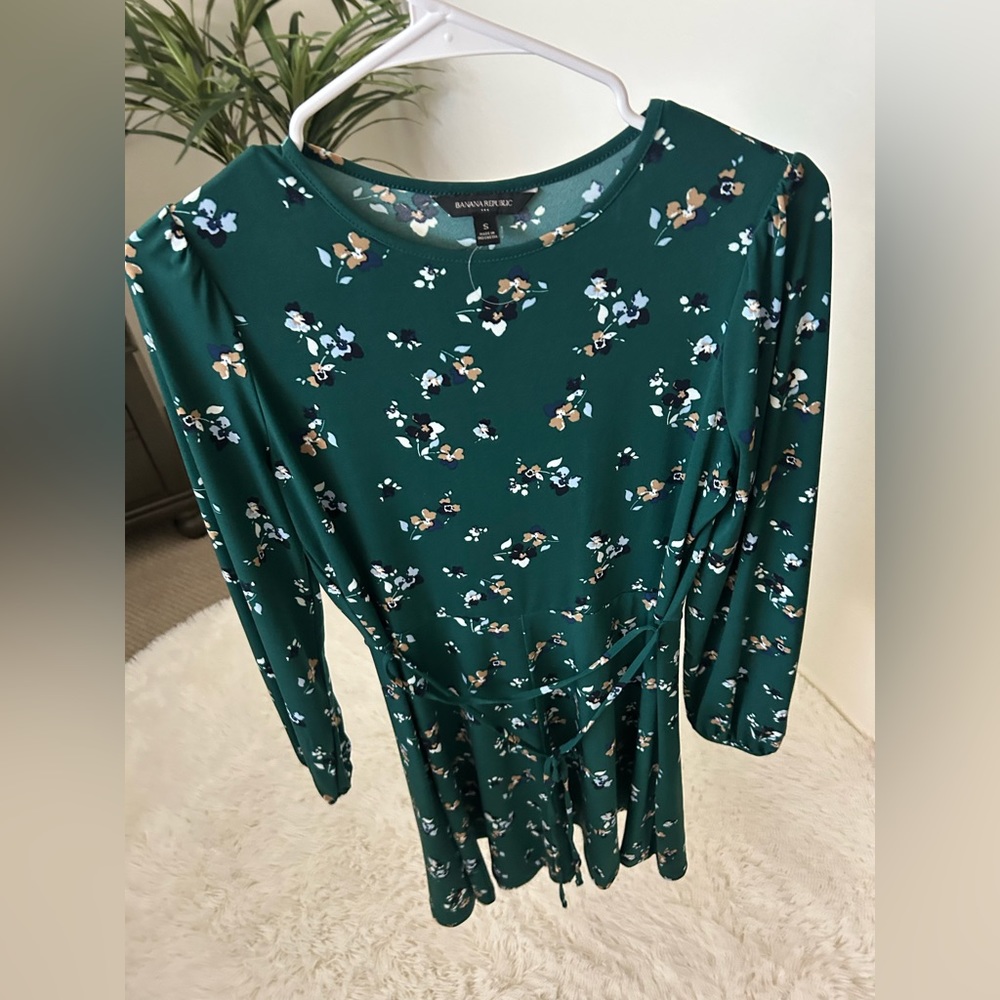 Banana Republic dress, size small. Green with blue, tan & white flowers
